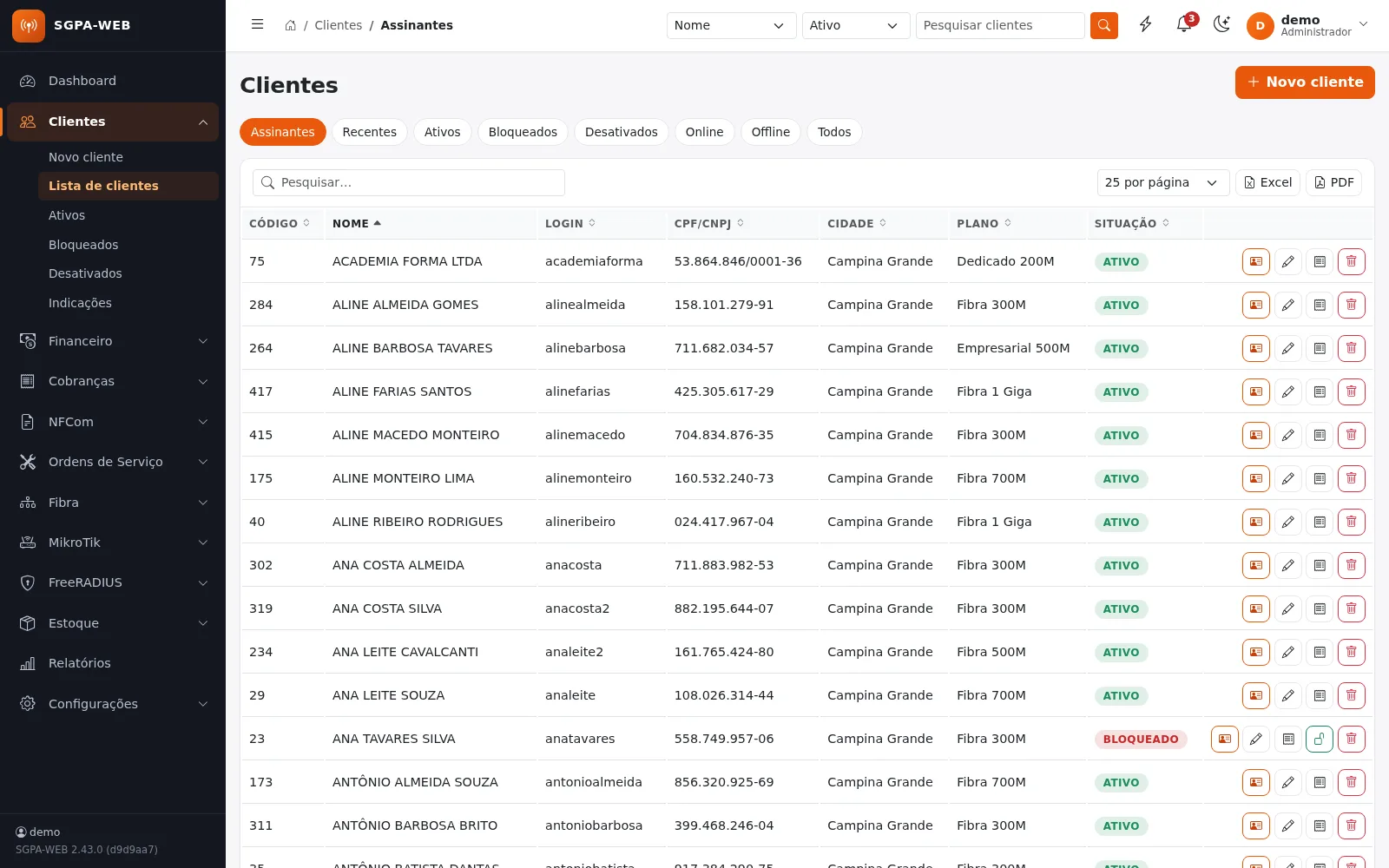 Lista de assinantes com plano, login e situação