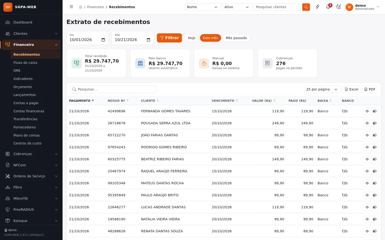 Extrato de recebimentos do mês