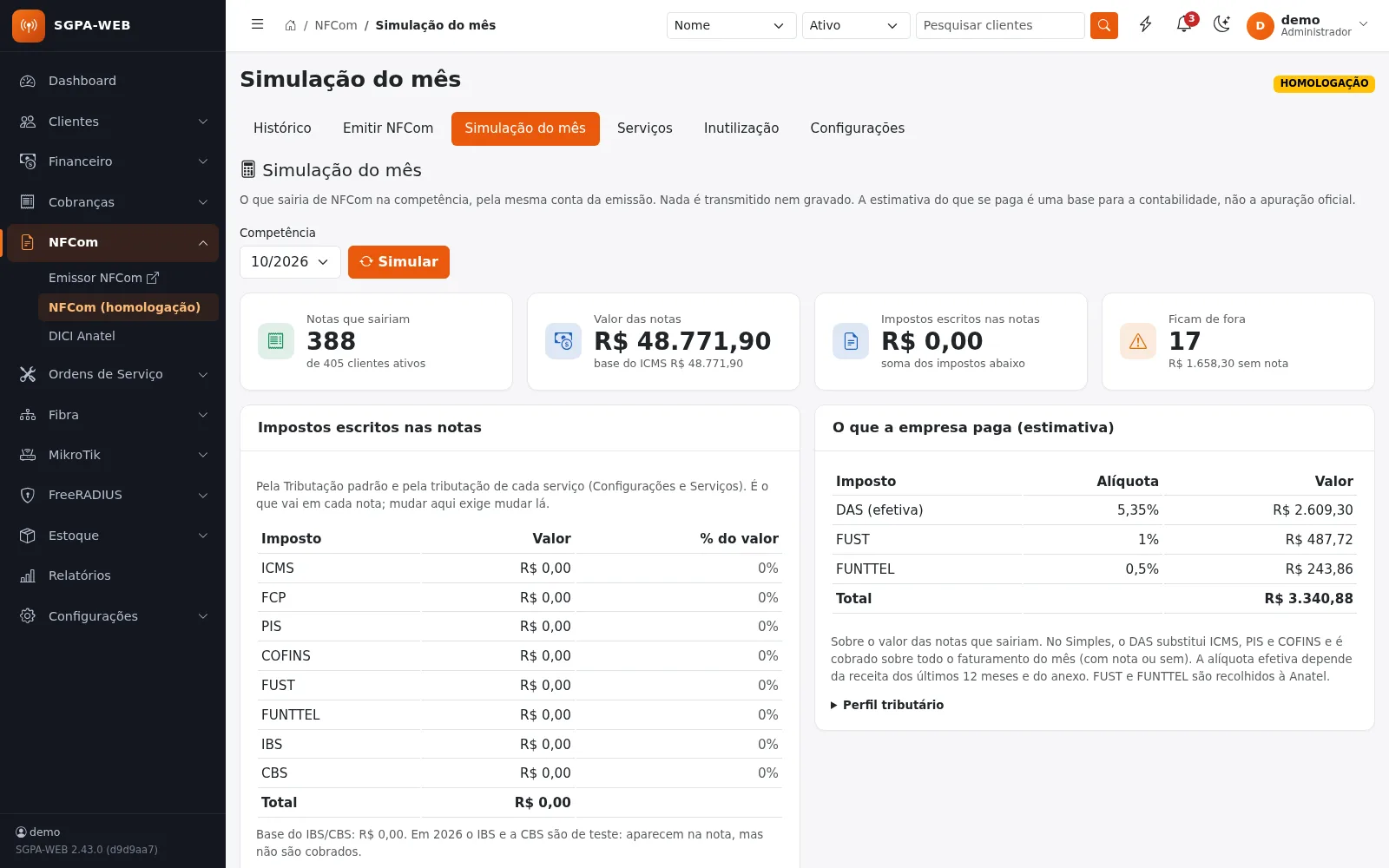 Simulação do mês da NFCom com notas e impostos